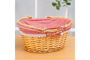 Handwoven Wicker Picnic Basket With Dual Carry Handles Red Plaid Lace Lining Bow Decor Portable Outdoor Food Storage Basket