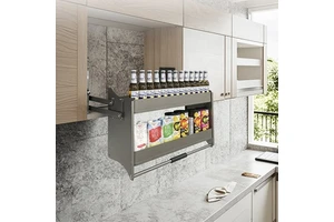 Aluminum Pull Down Shelf Kitchen Cabinet Organizer 2-Tier Soft-Close Sliding Lifting Basket 600-900mm Adjustable Space-Saving