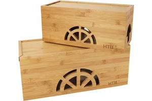 Cable Management Box Set of 2 , Large & Small Bamboo Cord Organizer Box to Hide Wires & Power Strips | Desk Computer Cable