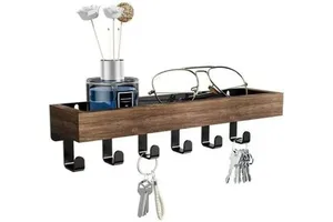 Wall Mount Key Holder with Shelf Decorative Mail Organizer and Key Hooks Wood with Mounting Hardware 9.64”W x 2.36”H x 2.75”L