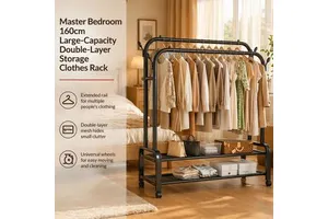 Extra Large Capacity Double Tier Mesh Storage Multi Hooks Organizer for Laundry Room Heavy Duty Freestanding Clothes Rack