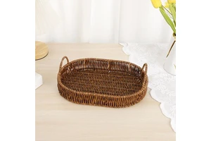Handwoven Rattan Storage Basket Oval Woven Tray with Handles for Bread Fruit Snacks Home Display