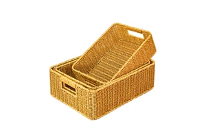 Custom Size Rectangular Handwoven Rattan Storage Basket With Cutout Handles Organizer Bin For Closet Kitchen Sundry Home Tidying
