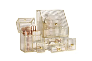 Luxury Transparent Acrylic Makeup Organizer Dustproof Lipstick Make up Brush Holder Vanity Countertop Cosmetic Storage Box Set