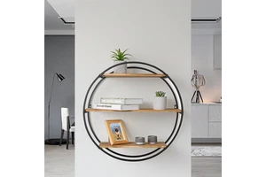 Round Wrought Iron Wall Rack Vintage Solid Wood Wall Rack Creative Home Multi-function Partition Storage Shelf