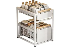 Kitchen Cabinet Drawer Metal Sink Organizer Double Tiers Wooden Handle Pull Rack Spice Tableware Storage Baskets Storage Trays