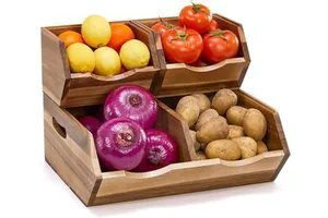 Acacia Wood Stackable Storage Bins Organizer Wooden Baskets For Potato Pantry Premium Pantry Storage Baskets