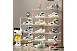 Premium Clear Stackable Plastic Shoe Box Magnetic Side Opening Shoe Storage Organizer Clear Display Box for Sneakers and Snacks