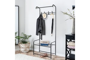 Metal Frame 2 Layers Coat Hanger Stand Space Saving Shoe Bench and Coat Rack