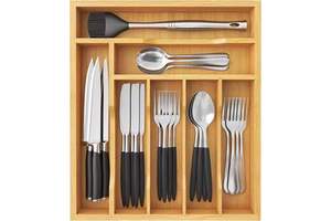 Silverware Drawer Organizer Bamboo Cutlery Storage Kitchen Drawer 7 Compartment Flatware Utensil Holder Wooden Divider Tray