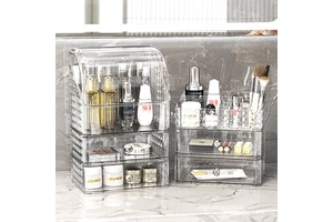 Home Luxury Multi-function Portable Pull-out Dustproof Large Capacity Makeup Cosmetic Storage Box with Mirror and Drawer