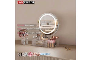 12v Adapter Factory Supply Tabletop Desktop Cosmetic Led Makeup Organizer Light Drawers Round Vanity Mirror With Storage Box