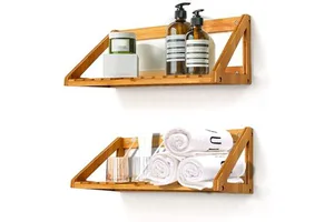 Wholesale Floating Shelves Wall Mounted 2 Pcs Solid Bamboo Wall Hanging Rack Holder for Living Room Bathroom Kitchen Etc