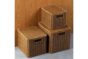Plastic Rattan Woven Storage Basket with Handle and Lid Cabinet Storage Organizer Home Hotel Storage Box pp Rattan Decoration