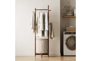 JYFreestanding Coat Rack Rolling Coat Tree with 9 Hooks Wheels Small Clothes Rack for Entryway Wood Coat Rack with Fabric Basket