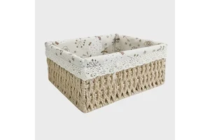 Woven Eco-Friendly Storage Basket Lace Fabric Liner Simple Rectangle Design Natural Rattan Organizer Bin for Home Closet Kitchen