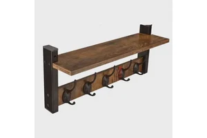 17Inch Vintage Non Slip Wooden Wall Mounted Bathroom & Kitchen Storage Racks with Hooks Floating Shelf Multifunction Coat Hanger