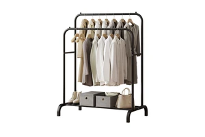 Freestanding Double Tier Metal Clothing Organizer Sturdy Coat Rack with Hanging Rods and Bottom Storage Shelf for Living Room