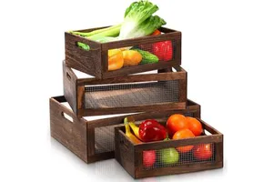 Stackable Wooden Vegetable Storage Crates With Mesh Front Nesting Countertop Baskets Kitchen Pantry Organizer