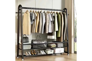 Multifunctional Iron Coat Rack Organizer 2 Shelves 4 Hooks Space-Saving Modern Design for Bedroom Living Room Bathroom Dining