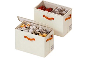 Stackable Fabric Shoe Organizer for Closet 2-Pack Foldable Storage Boxes with Clear Top Storage Box