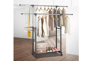 Clothes Hanger Rolling Coat Rack Double Pole Hanger Storage Clothing Drying Racks Standing Trolley Coat Rack