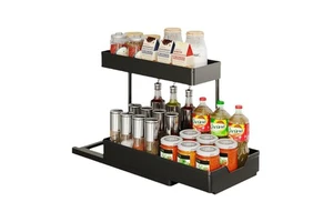 2-Tier Sliding Cabinet Organizer Double Under-Sink Kitchen Basket Pull-Out Drawers Standing Type with Plastic Material