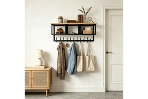 Industrial Modern Wall Mounted Coat Rack 10 Hooks 3 Cubbies Metal Entryway Shelf Wood Top Storage Organizer Bedroom Living Room