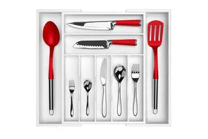 Bamboo Drawer Organizer with Grooved Drawer Dividers for Flatware and Kitchen Utensils White Color