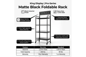 2026 Trending Heavy Duty Metal Matte Black Foldable Rack Pegboard 4-Tier Space-saving Modular Retail Display Stand Factory