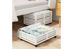 Bamboo Under Bed Storage Containers- Underbed Organizer with Wheels with Large Capacity Dust Bag,Sturdy Wood Rolling Under Bed