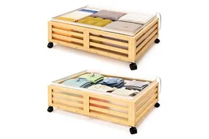 Bamboo Standing Type Underbed Storage Containers Organizer with Wheels Rolling Bed Drawer Clothes Blankets Eco-Friendly