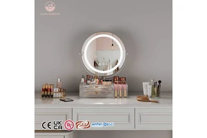 Supplier 12v Adapter Illuminated Cosmetic Led Organizer Light Round Vanity With Makeup Mirror With Drawers Storage Box