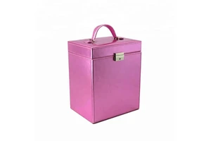 Pink Faux Leather Cosmetic Box with Mirror and Lock Multi-Compartment Makeup Organizer with Handle