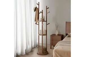 US Stock Solid Wood Rotary Freestanding Coat Rack with 3 Shelves 9 Hooks for Bedroom Entryway Living Room (Walnut) ZHYJ001