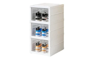 No Assembly 3-Tier Foldable Collapsible Plastic Shoe Storage Organizer Box Injection-Molded Rectangle Shape Rack