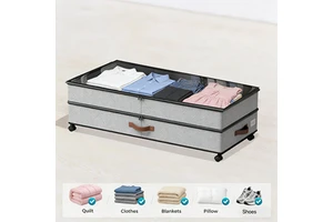 Authentic Under Bed Storage Organizer with Clear Zippered Lid, Foldable Underbed Drawers on 6 Wheels, Space Saving Clothes Shoes
