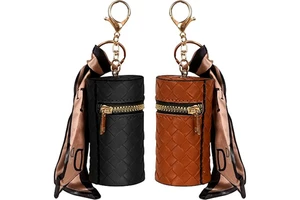 Lipstick Organizer Case Boho Braided Vegan Leather Scarf Accent Cylindrical Lip Gloss Travel Holder with Zipper Keychain Hook