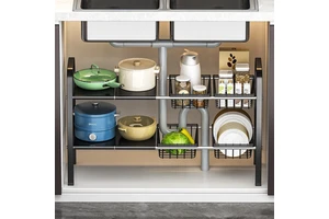 Adjustable Under Sink Storage Rack Extendable Carbon Steel Cabinet Organizer Telescopic Kitchen Shelving Storage Rack Basket