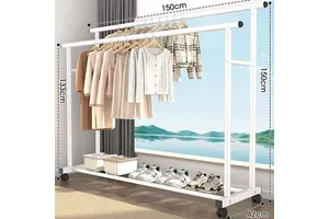 Double Rod Metal Coat Rack Organizer with Wheels and Shelf Clothes Drying Rack for Bedroom Living Room & Bathroom Modern Design