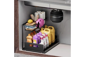 Kitchen Pull-Out 2 Tiers Cabinet Drawer with Sliding Drawers Over Sink Spice Kitchenware Organizer Storage Shelf Rack