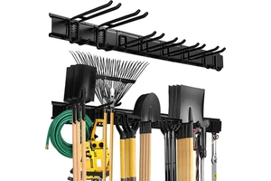 JH-Mech Garden Tool Organizer Rack With 8 Adjustable Hooks 48 Inch Wall Mount Steel Heavy Duty Garage Garden Tool Organizer
