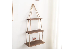 Factory Custom 3 Tier Wood Hanging Shelf Jute Rope Organizer Rack Floating Wall Swing Storage Shelves