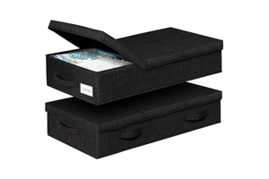 Black Foldable Under-bed Storage Box with Lid Space-Saving Modern Design for Wardrobe Blankets Toys & More