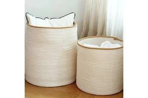 Multifunctional Foldable Handmade Natural Cotton Rope Woven Storage Baskets for Wardrobe Bathroom Clothing & Food Organization