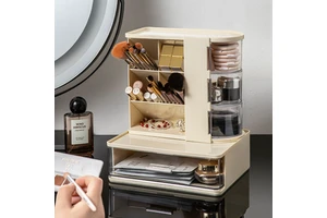 Hot Selling Modern Plastic Cosmetic Storage Organizer with Rotating Multi-Compartment Drawers for Vanity Table Use