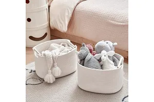 Amaz0n Hot Selling Quality White Color Woven Basket Foldable Children Toys Organizer Cotton Rope Storage Baskets