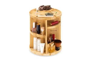 Multi-function Desktop Bathroom 360 Degree Rotating Wood Bamboo Cosmetic Makeup Storage Organizer for Brushes Lotions