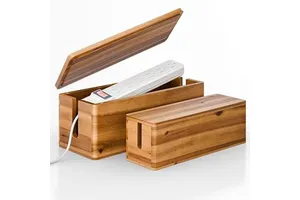 Acacia Wood Large Flexible Cable Management Box-Multifunctional Space-Saving Home Office Bathroom Use TV Wires Power Strip Hider