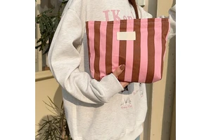 Custom Logo Cute Contrast Color Stripe Storage Bags Cosmetic Bag Makeup Case Canvas Clutch Purse Bags for Women